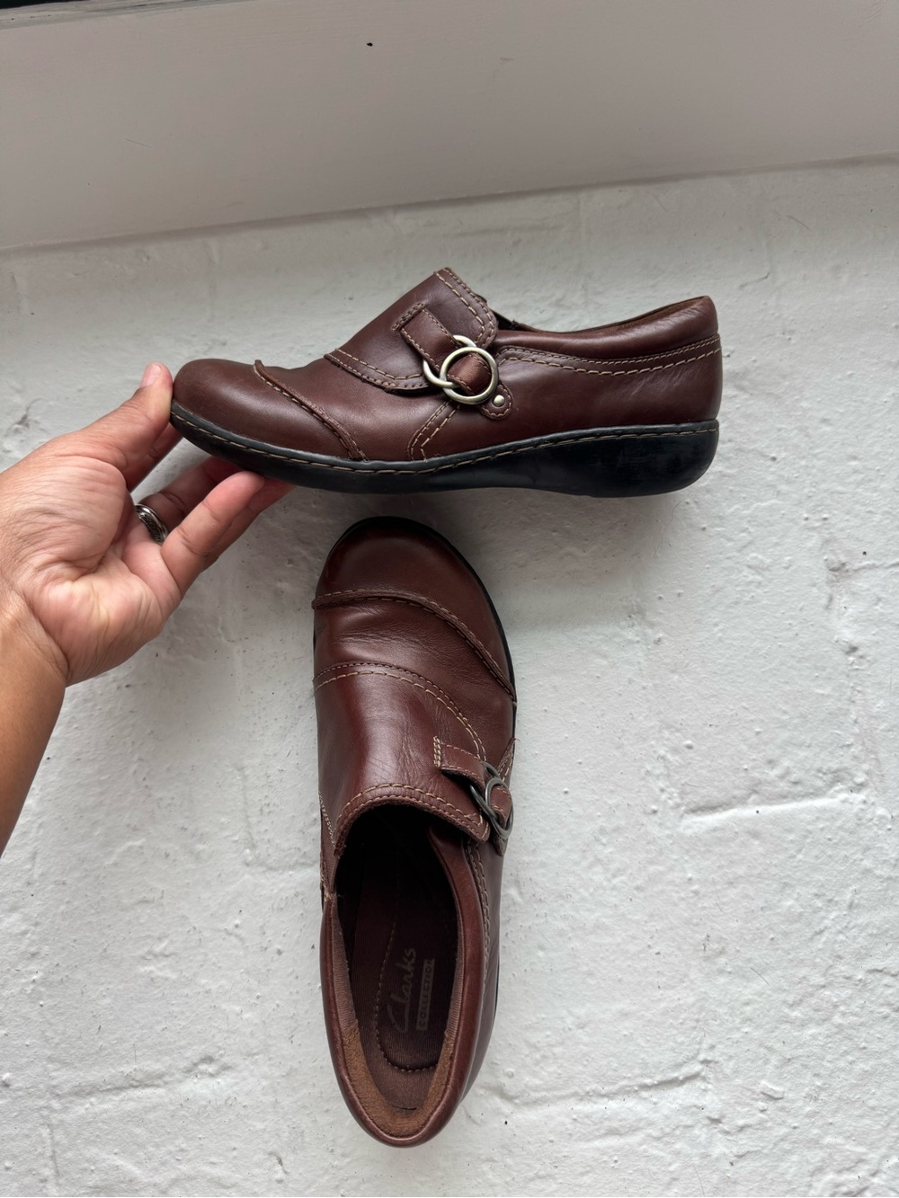 Clarks Men’s Brown Leather Slip-On with Decorative Ring